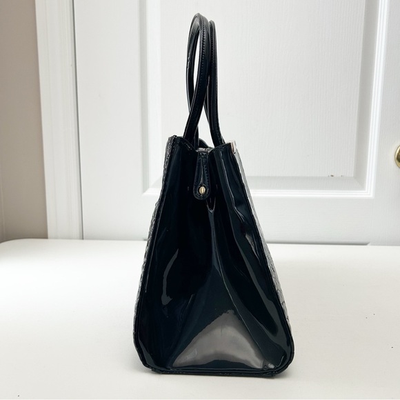 Elegant Black Textured Handbag Purse Structured Shoulder Bag Patent Faux Leather - Picture 5 of 16